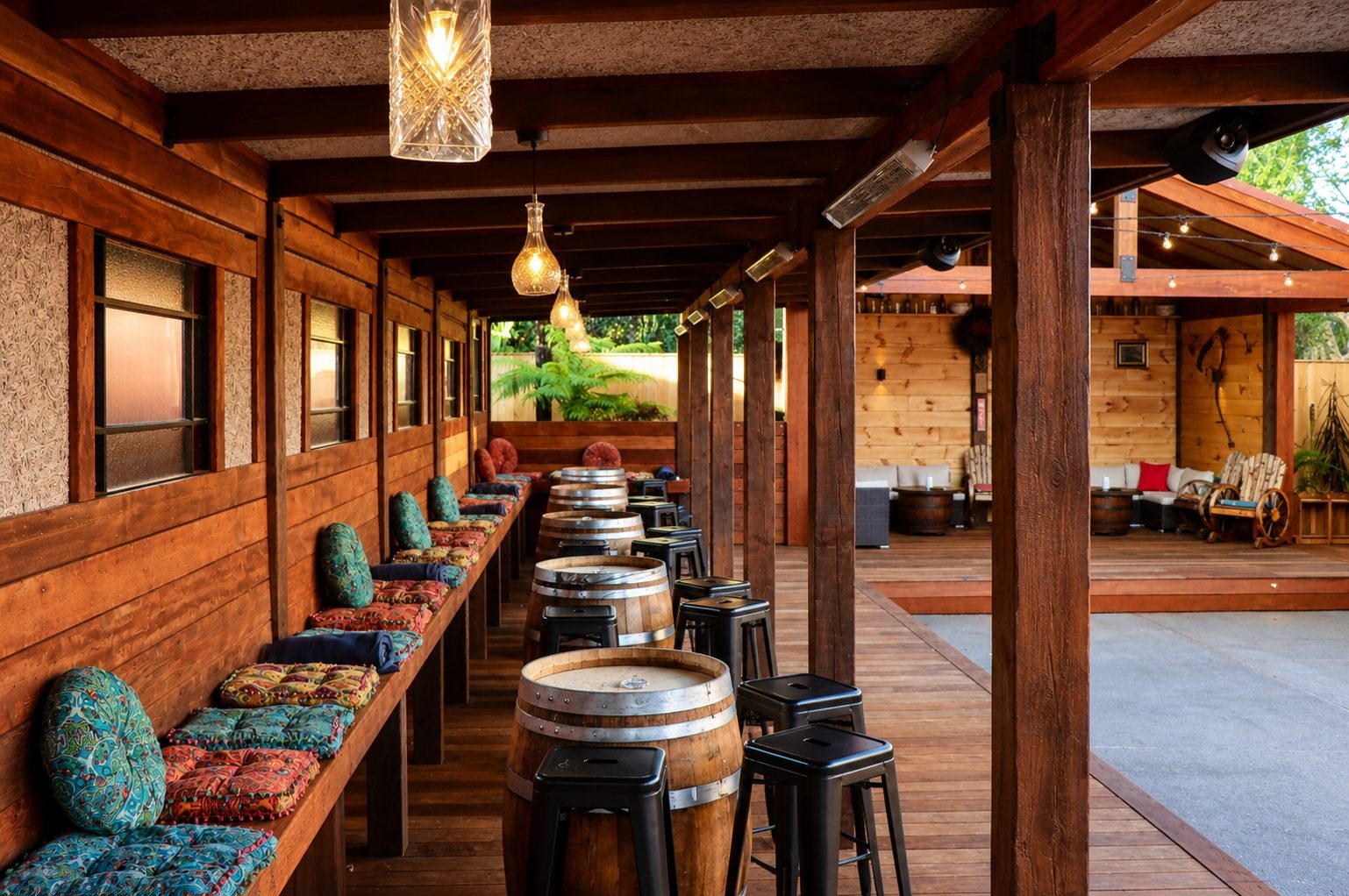 The Cliff bar - wine-barrel stools and cushioned bench seating