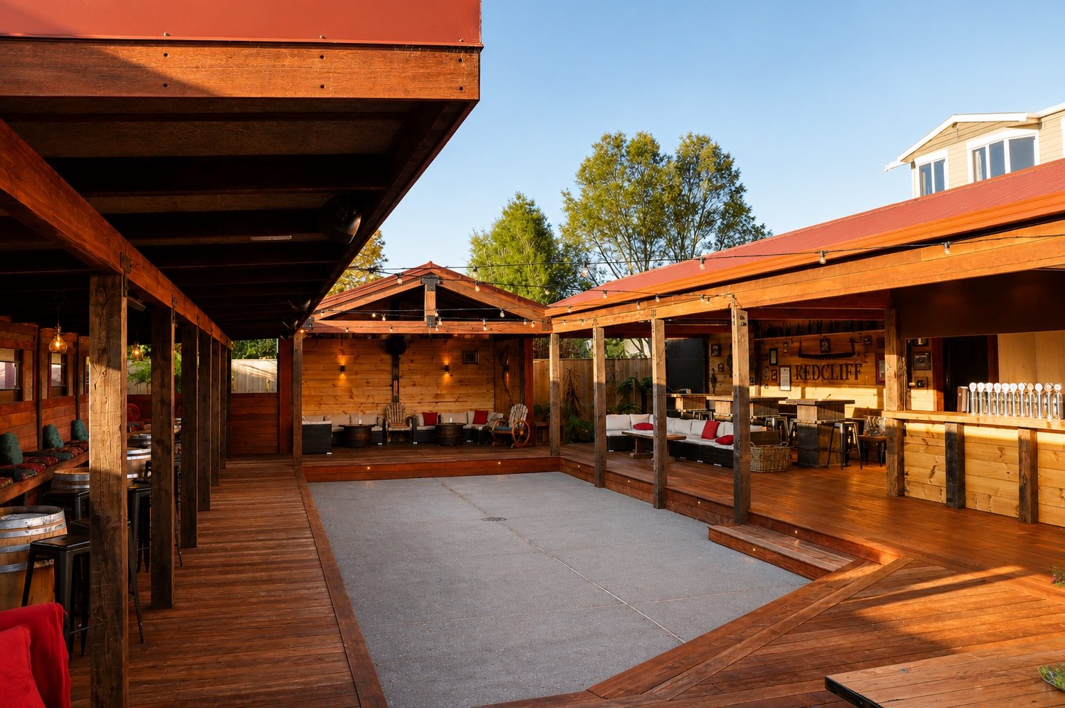 The Cliff bar and full courtyard at golden hour